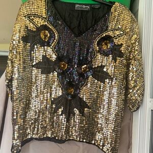 Vintage Jewel Queen Sz L 109% Silk & Sequin Embellished Gold and Black Top GUC😊😊